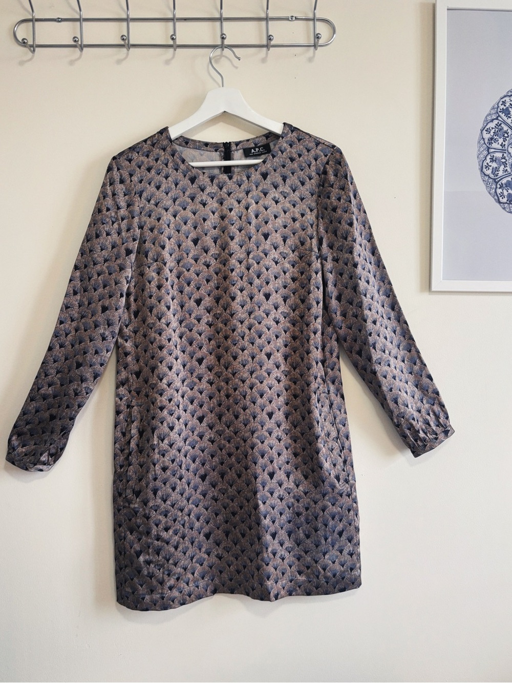A.P.C. Paris Silk Mini Shift Dress Metallic Fan Print w/ Pockets | Fits XS